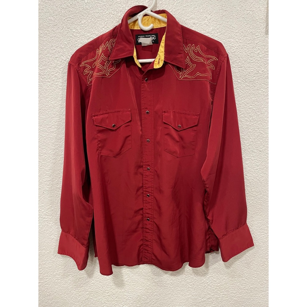 Vintage Wrangler Pearl Snap Shirt Mens Size L Red w/ Gold Embroidery Western